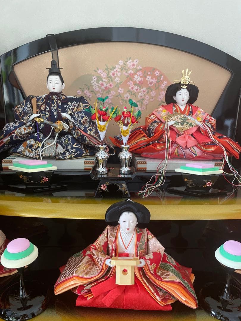 美品　原孝州　お雛様　雛人形　三段飾り　五人飾り　桜刺繍　光るぼんぼり