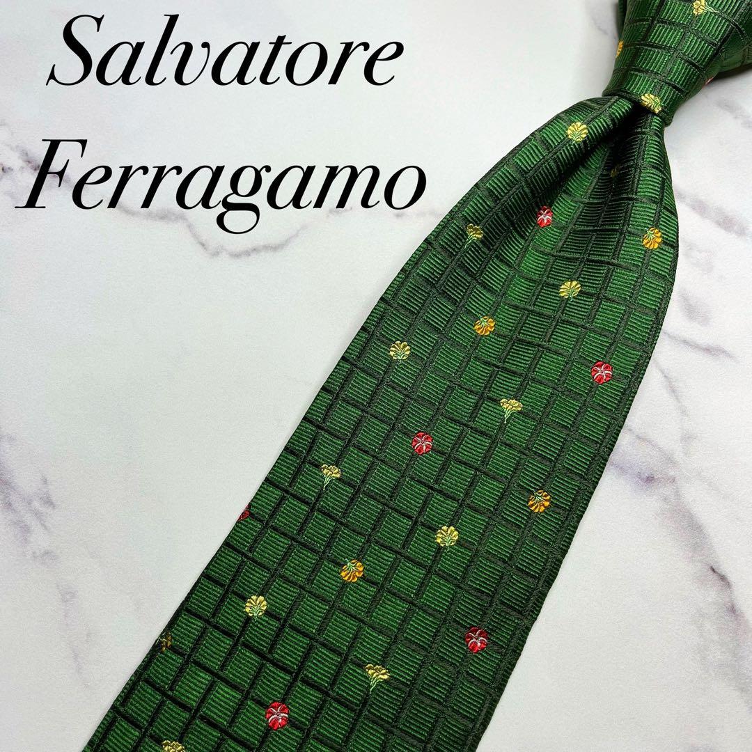2027 【美品】 サルヴァトーレフェラガモ ネクタイ 格子柄 チェック 花柄