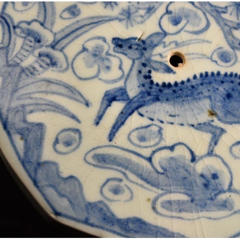 朝鮮美術 李朝 白磁 染付水滴 十長生図案