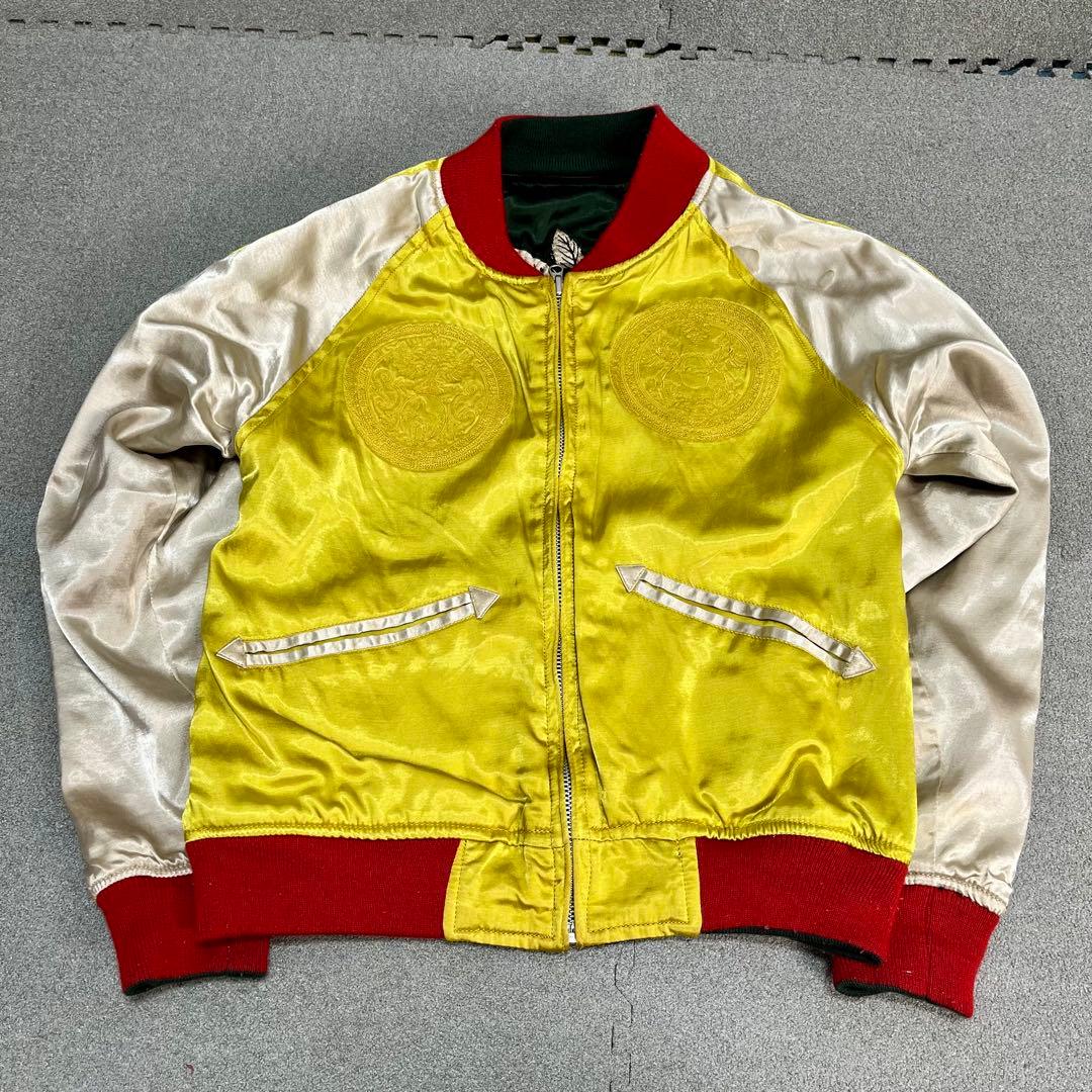 448 HOUSTONスカジャン リバーシブル仕様 蛇×ドクロ×観音 緑×黄