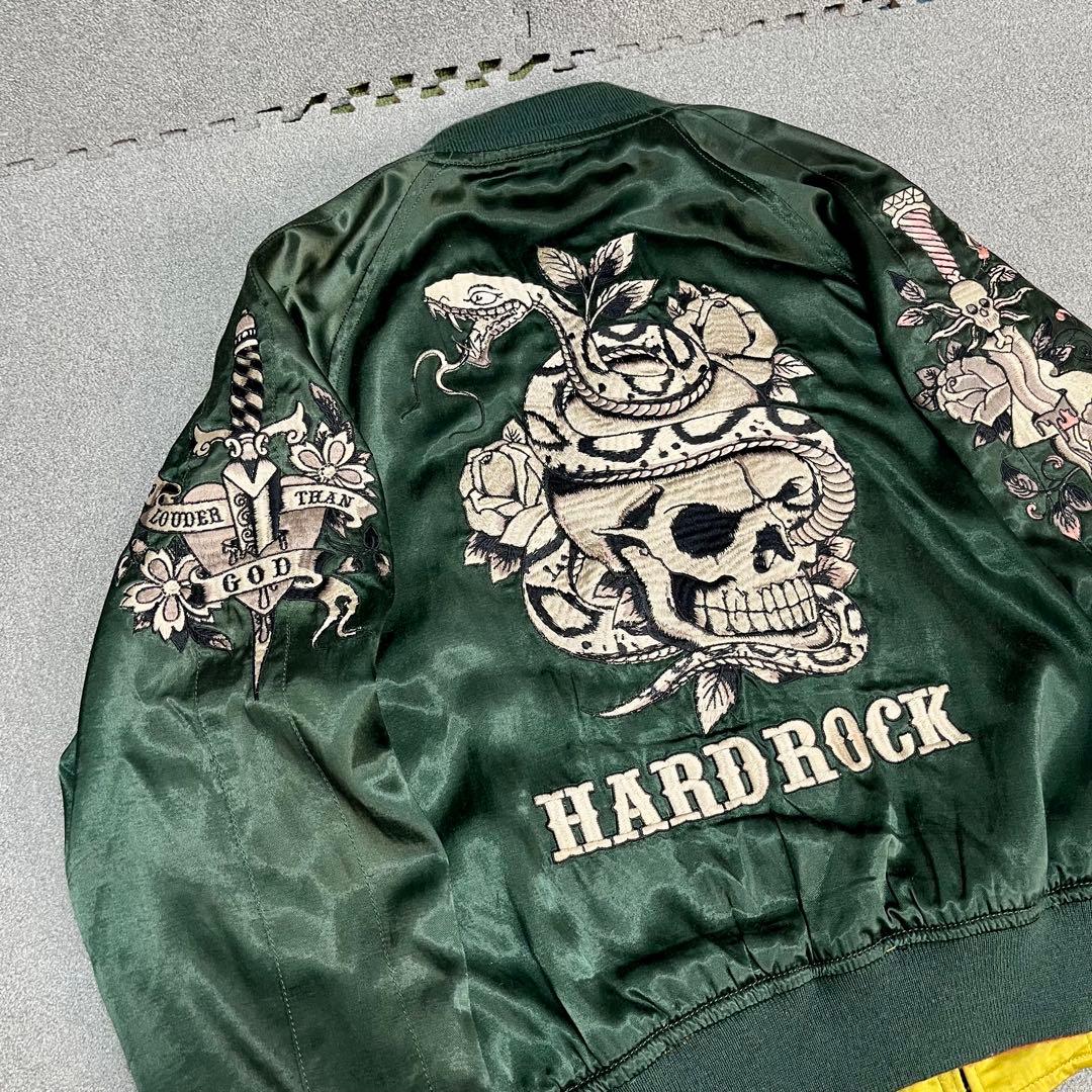 448 HOUSTONスカジャン リバーシブル仕様 蛇×ドクロ×観音 緑×黄