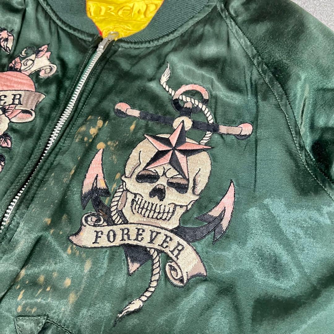 448 HOUSTONスカジャン リバーシブル仕様 蛇×ドクロ×観音 緑×黄