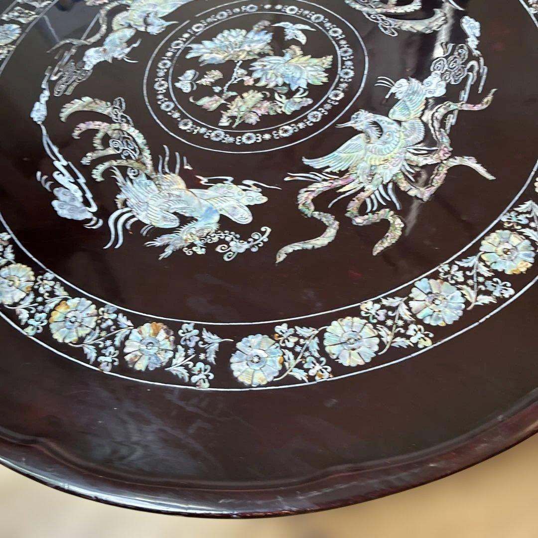 螺鈿細工 鳳凰 円形座卓テーブル 黒漆塗 直径90cm 横浜現地渡し