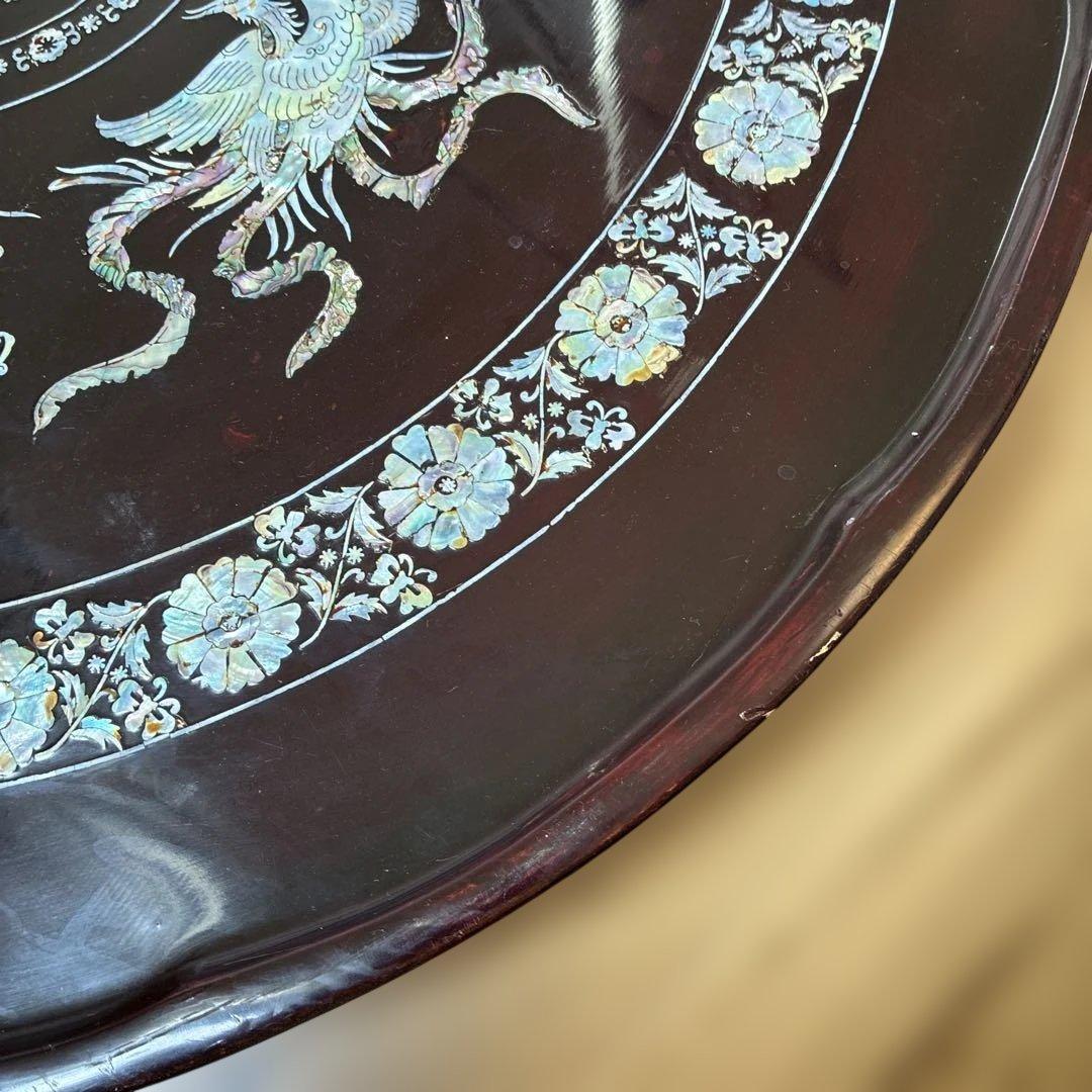 螺鈿細工 鳳凰 円形座卓テーブル 黒漆塗 直径90cm 横浜現地渡し