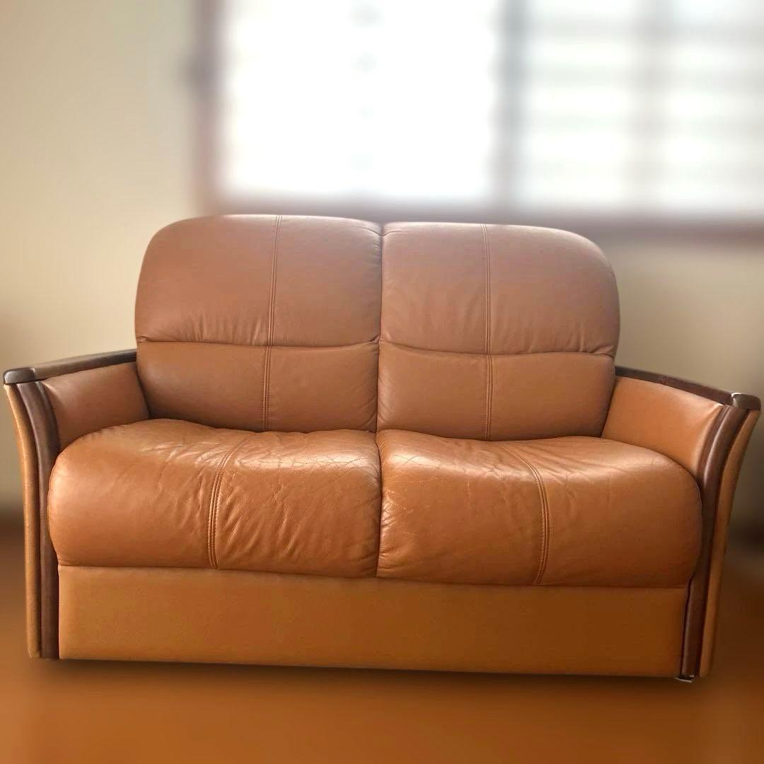 家具屋購入・イタリアンレザー本革ソファ　2人掛け　キャメルブラウン