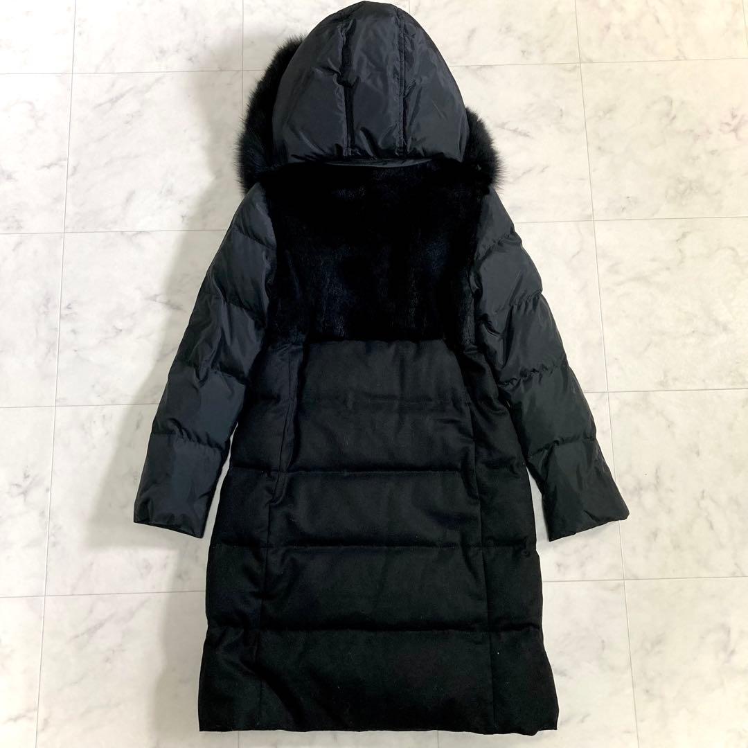 エムプルミエブラック 異素材ダウンコート ロング ブラック S ラビットファー