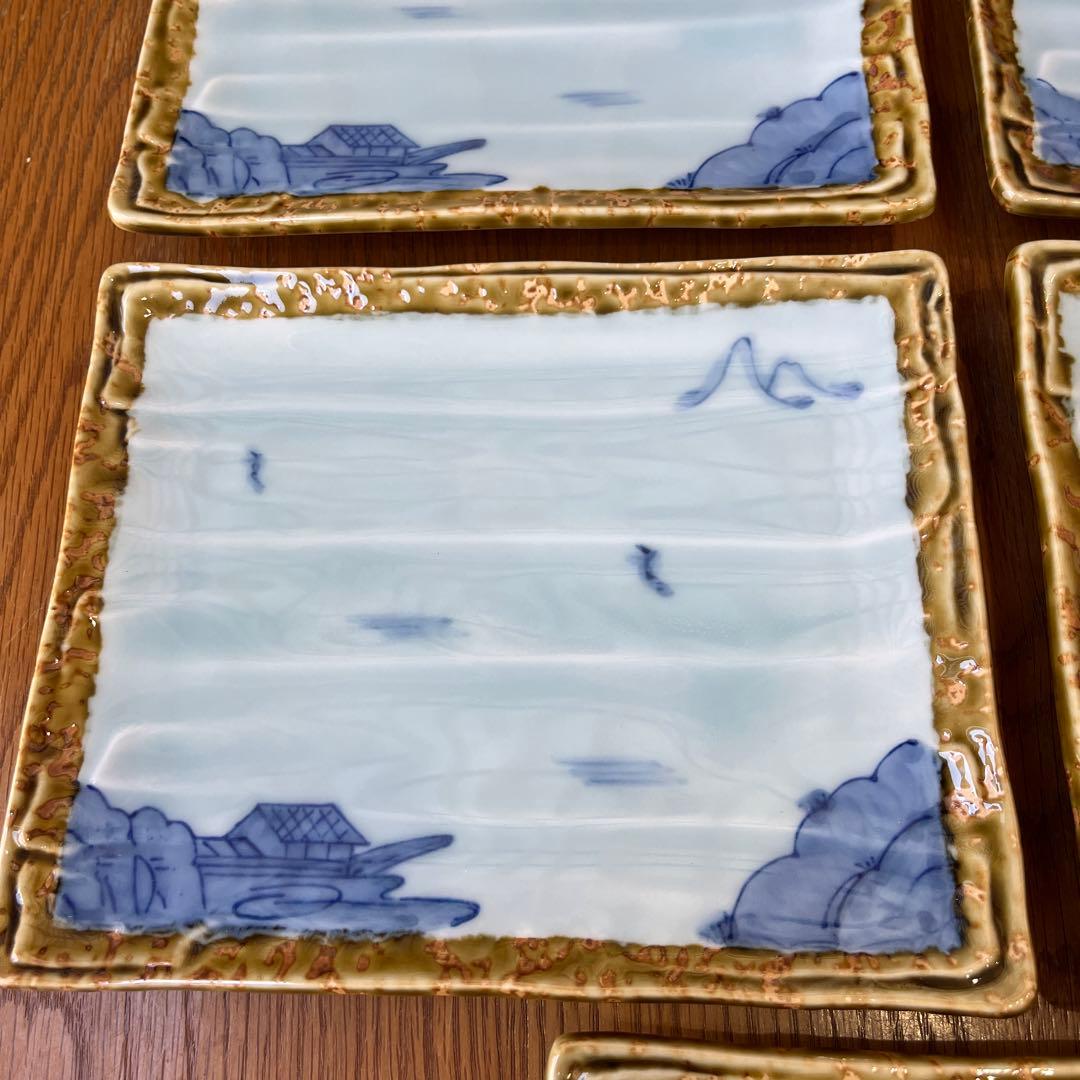 有田焼　其泉窯　伊良保山水焼物皿揃　貝山作　角皿5枚