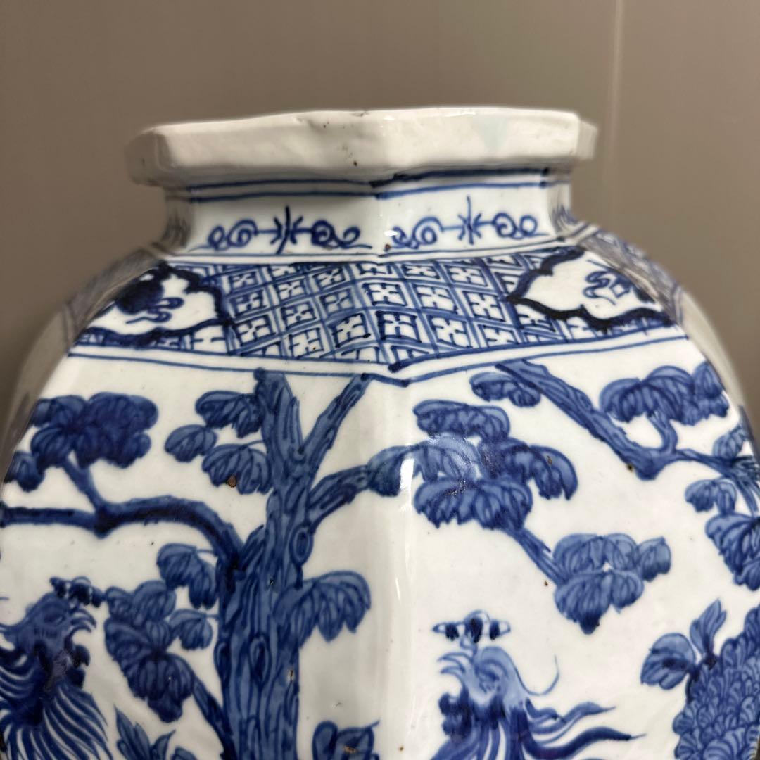 景徳鎮、神獣花紋、染め付、特大八角沈香壺。 リビング、花いけ、玄関、傘立てに！