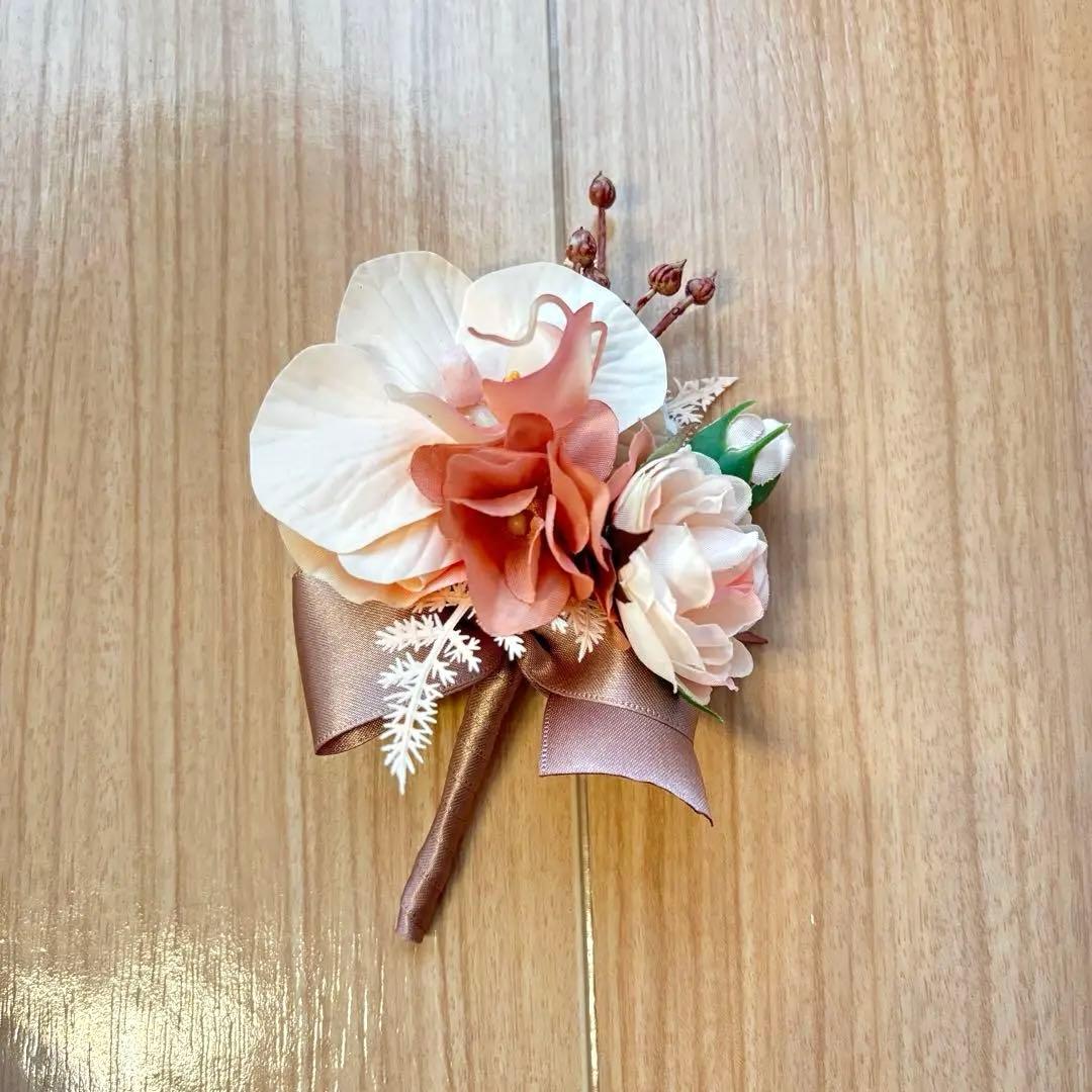 アーティフィシャルフラワー　高級造花　ブーケ　ブートニア ピンク　ピーチカラー