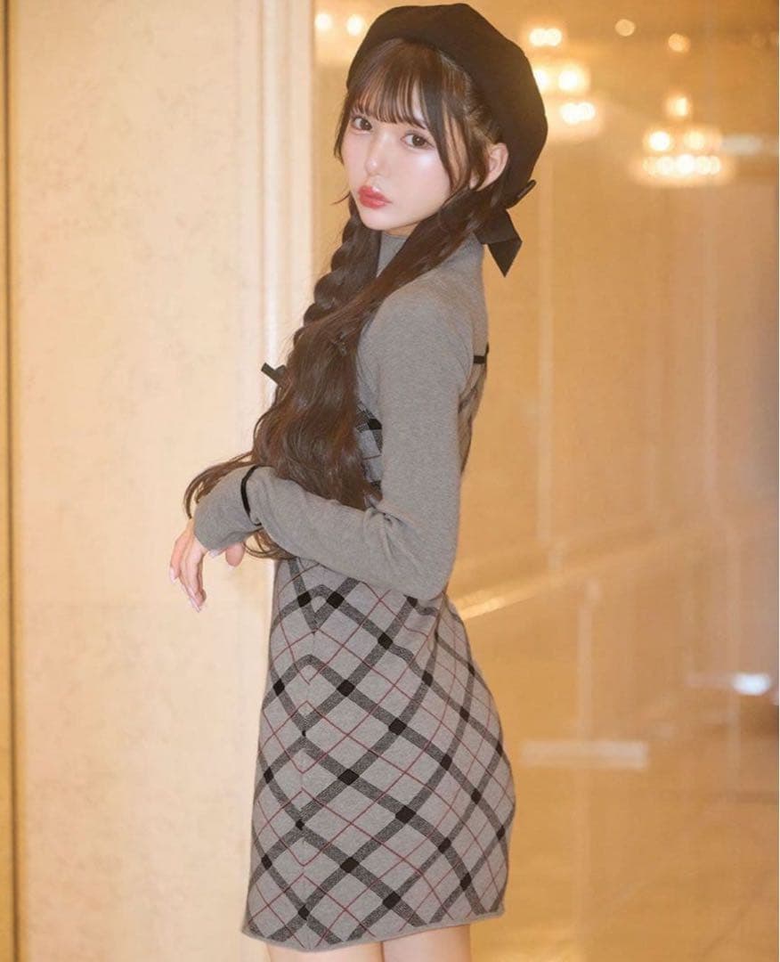 MichellMacaron デコルテオープンチェックニットワンピ XS
