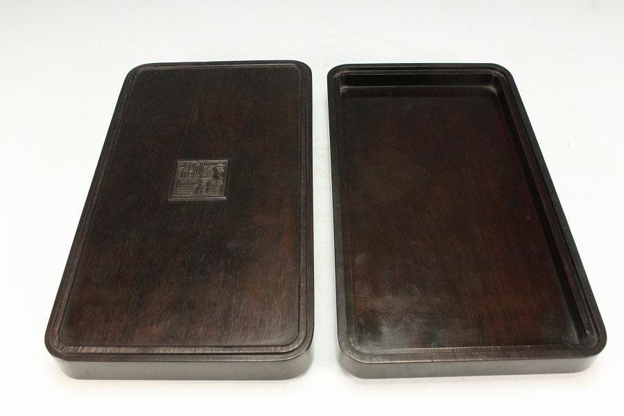 中国美術 紫檀 刻龍紋 四方蓋物(K-A834)