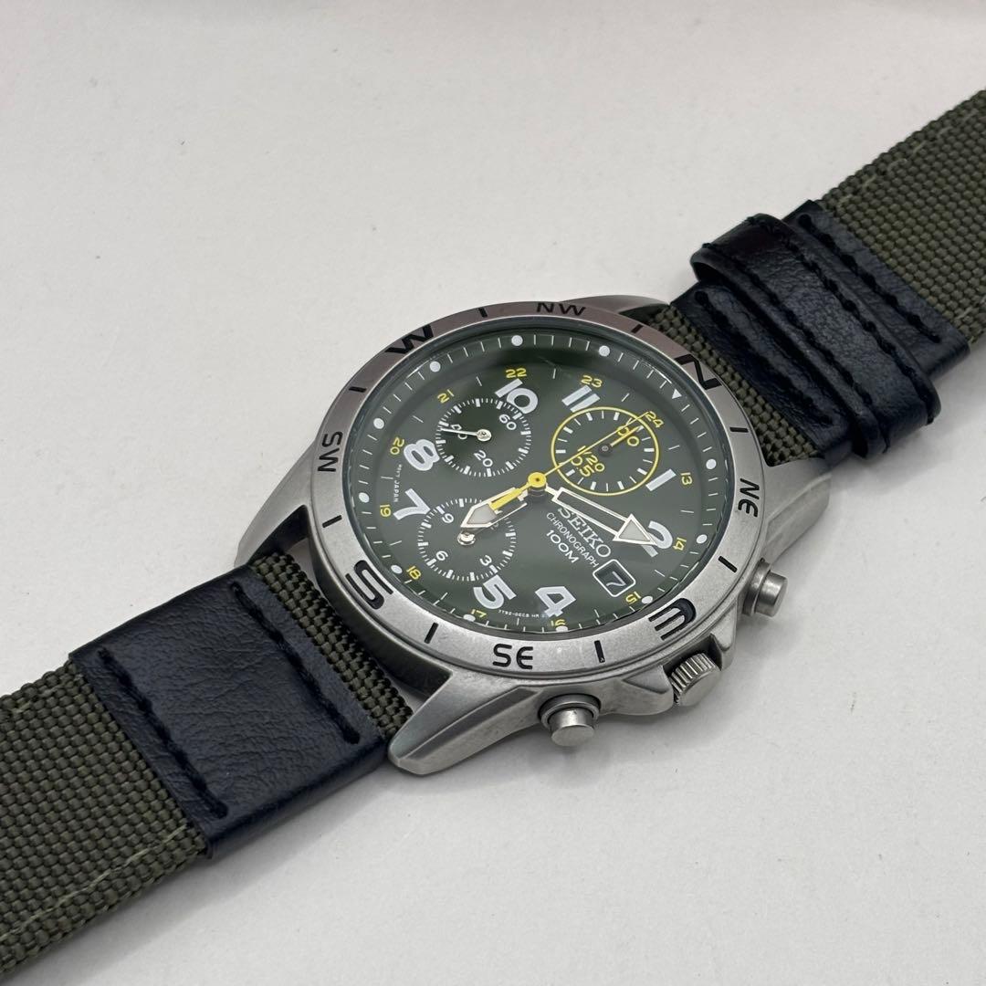 稼働品☆SEIKOセイコー　クロノグラフ　アーミー　カーキ　新品ベルト