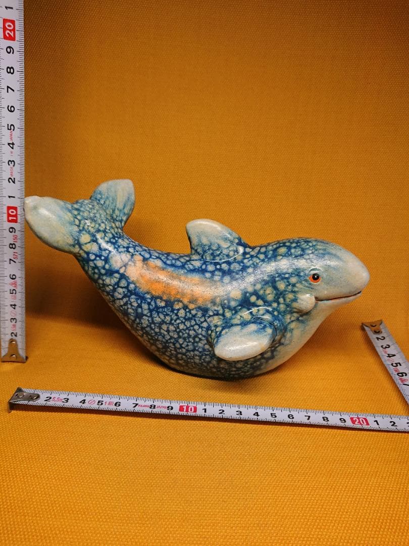 クジラ　陶器　手描き　オブジェ　置物　インテリア　工芸品　美術品　A3117