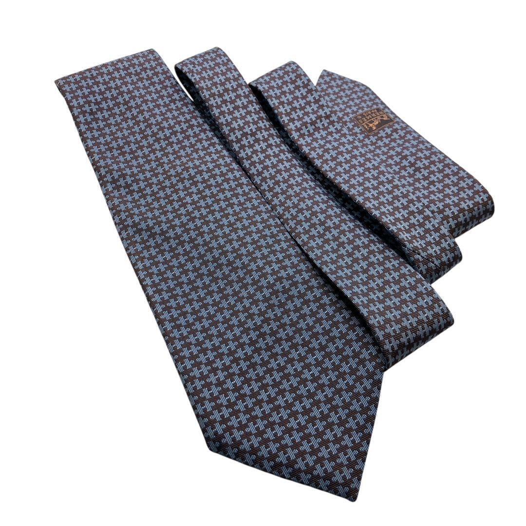 極美品HERMÈS エルメス ネクタイ ブラウン　H柄　パズル柄