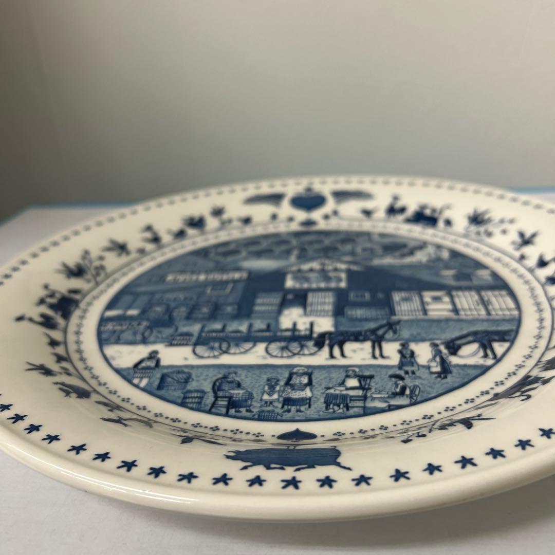 青色風景画の陶器皿 約30cm