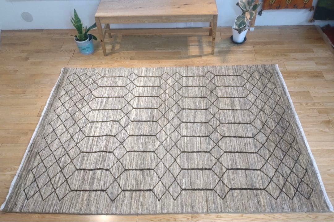 天然無染ラグ　リビング　格子柄　201×139 ライトブラウン　ソフトタッチ