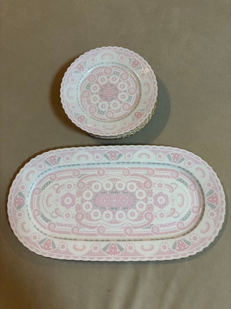 激カワ‼️新品　前畑陶器　ピンク花柄　オーバルプレート　中皿5枚　林九郎好きの方も