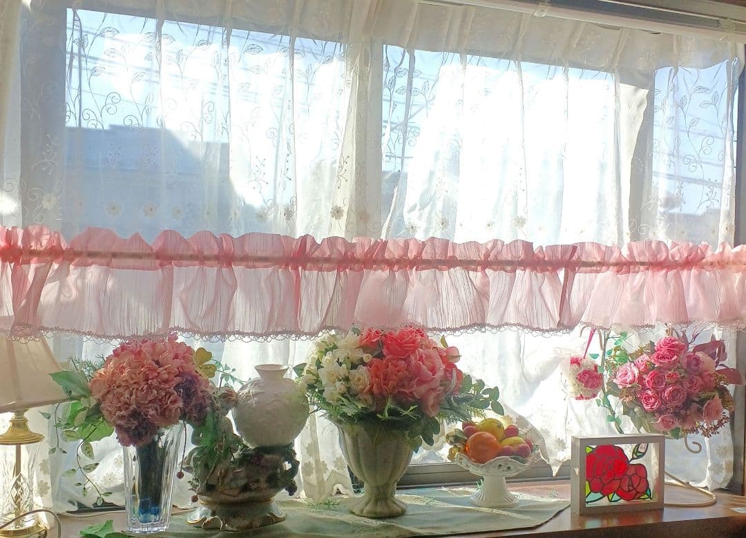 カフェカーテン【花子様オーダー品　ピンクレース】ハンドメイド