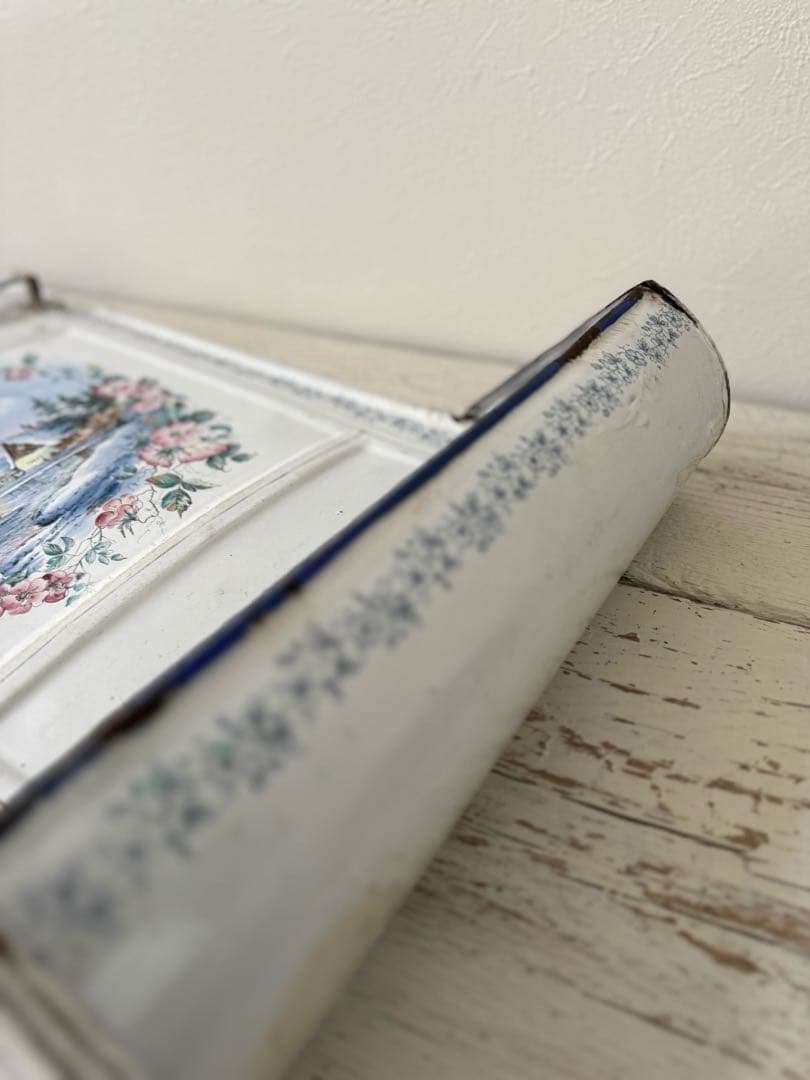 フランスアンティーク ホーローレードルラック花と風景の手描き絵 ハンドペイント