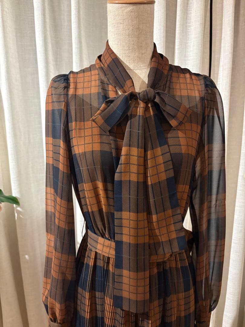 Diagram チェック柄リボン付きロングドレス
