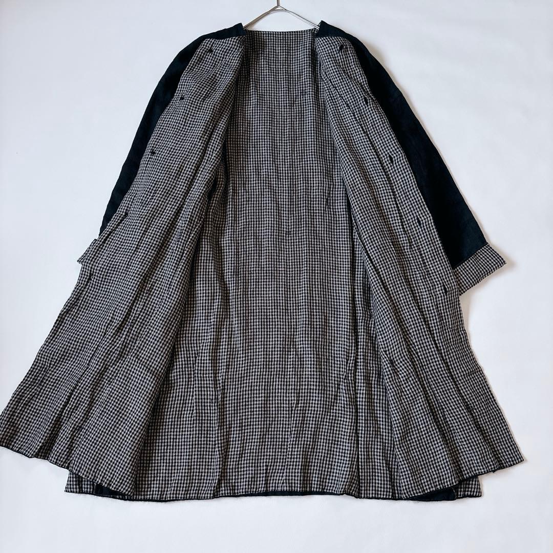 可愛い♡ババグーリ ノーカラーコート ギンガムチェック リネン混 Aライン M