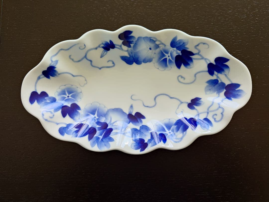 深川製磁　皿　深川ブルー染付け朝顔　明治意匠染付朝顔　工芸品