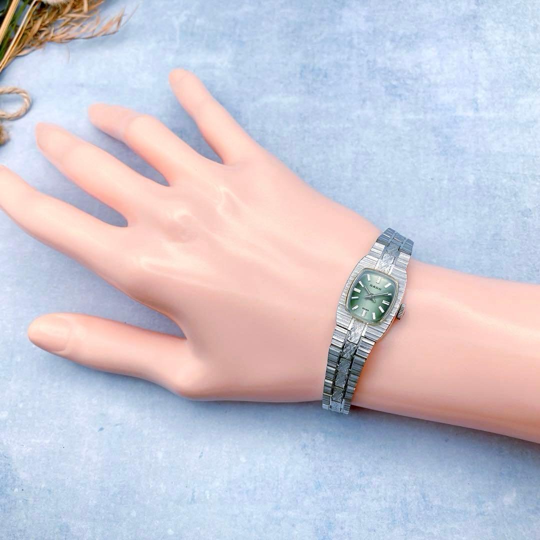 【稼動品】RADO 手巻き腕時計 グリーン レディース　ヴィンテージ　シルバー