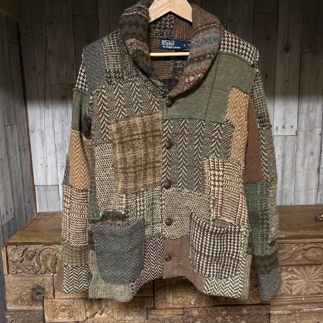ラルフローレン ショールカラー カーディガン　ハンドニット　パッチワーク　RRL