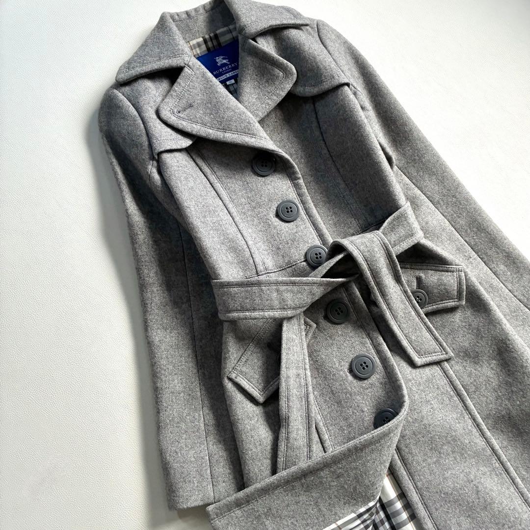 ◆美品◆バーバリーブルーレーベル◆ウールロングコート◆M◆グレー◆ノバチェック