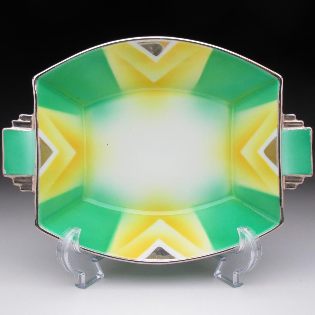 オールドノリタケ グリーン地銀彩ジオメトリック スクエアボウル