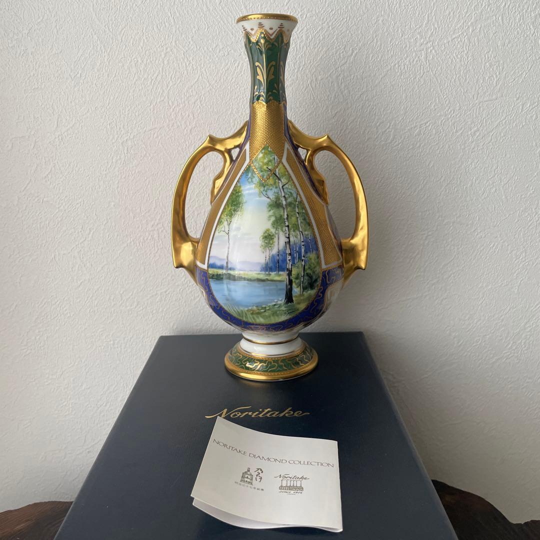 オールドノリタケ　Noritake 花瓶 風景画 白樺　手描き　T403