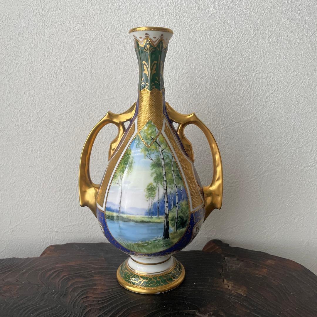 オールドノリタケ　Noritake 花瓶 風景画 白樺　手描き　T403