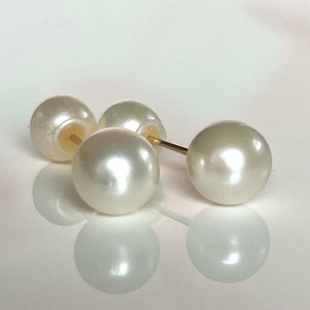 新品 K18 越物7.0mmアコヤパールと6mm淡水パールのダブルパールピアス