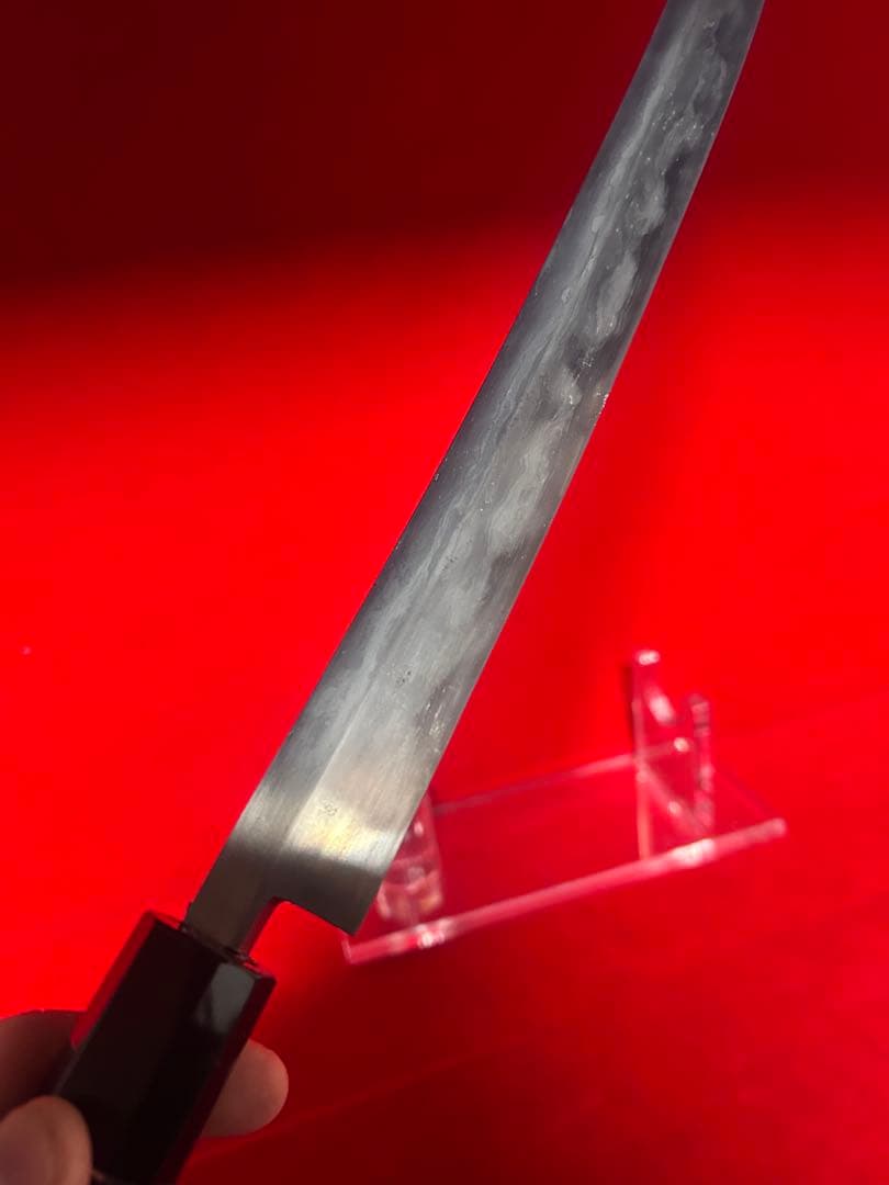 01567 包丁　マグロ包丁　先丸型　両刃　玉鋼　刃紋綺麗　鬼反り　未使用品