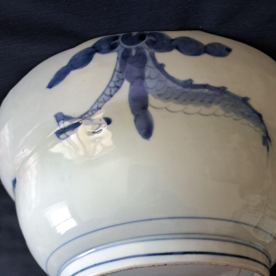「古伊万里 無傷の大鉢(直径29cm) 龍と蝶の文様！」染付鉢 骨董アンティーク