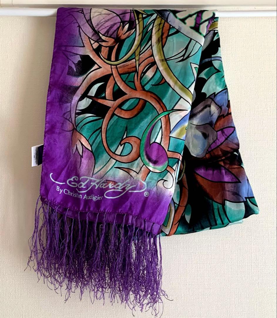 エドハーディー y2k スカル アート デザイン パープル フリンジ スカーフ