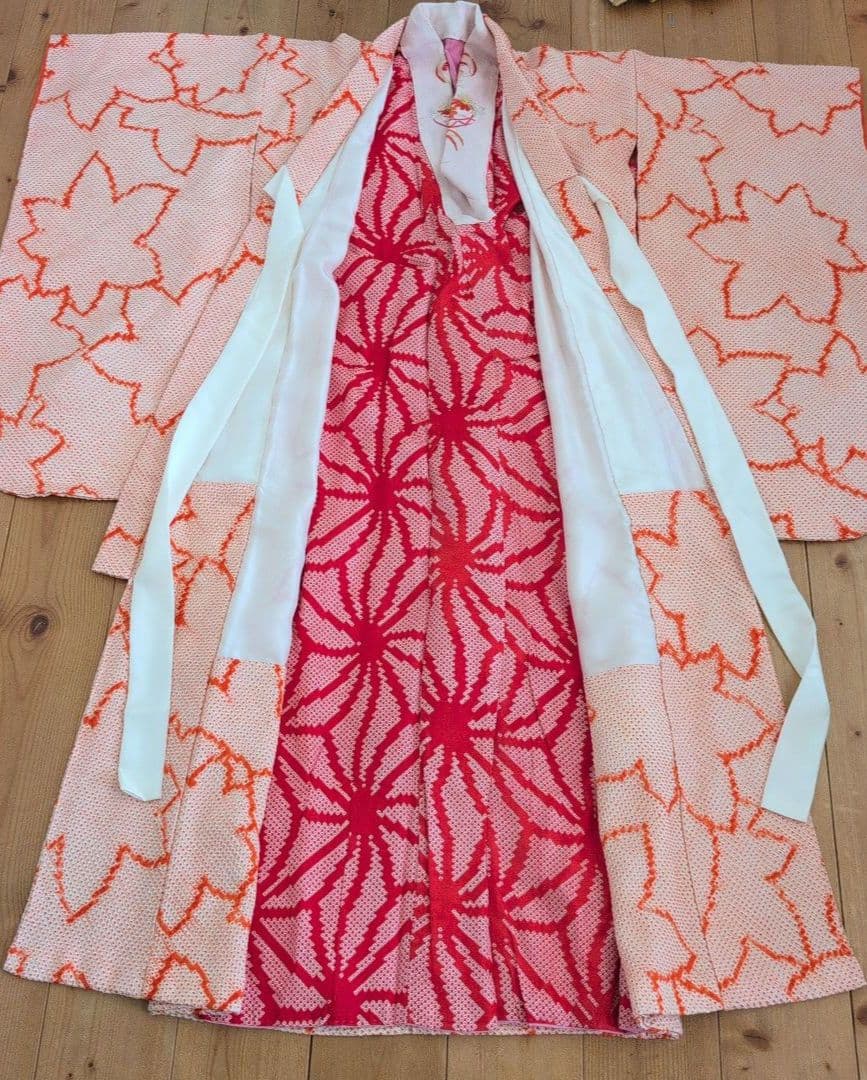 七五三7歳女の子総絞り着物＆半幅帯＆帯締め&帯揚げ&草履＆バッグ