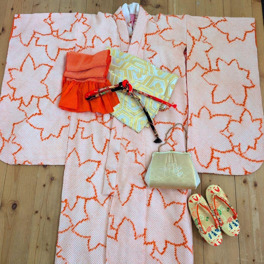 七五三7歳女の子総絞り着物＆半幅帯＆帯締め&帯揚げ&草履＆バッグ