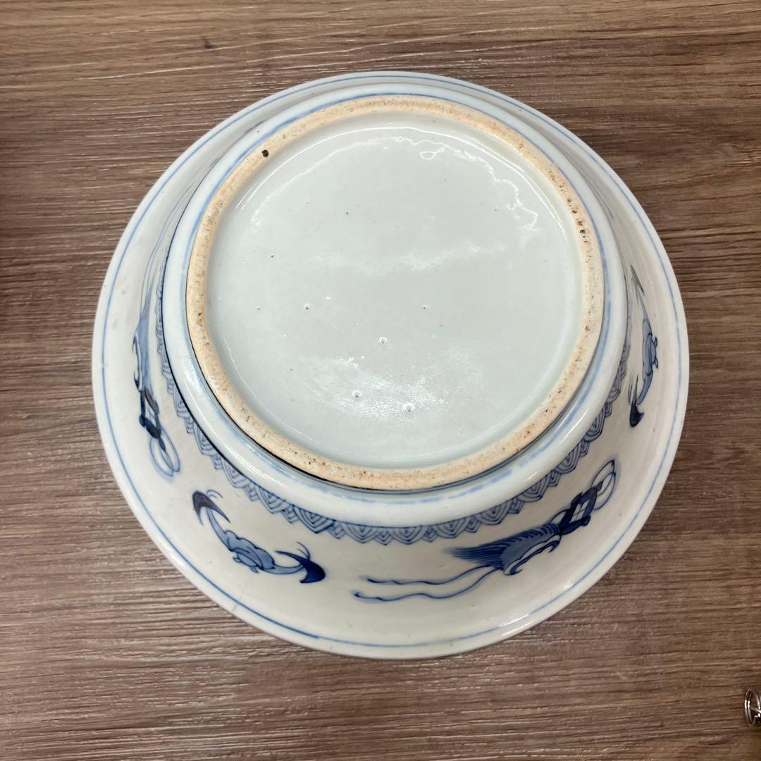 D-4 アンティーク 蓋付き 染付 錦手 鳳凰文様 鉢 時代物 骨董 古美術 丼