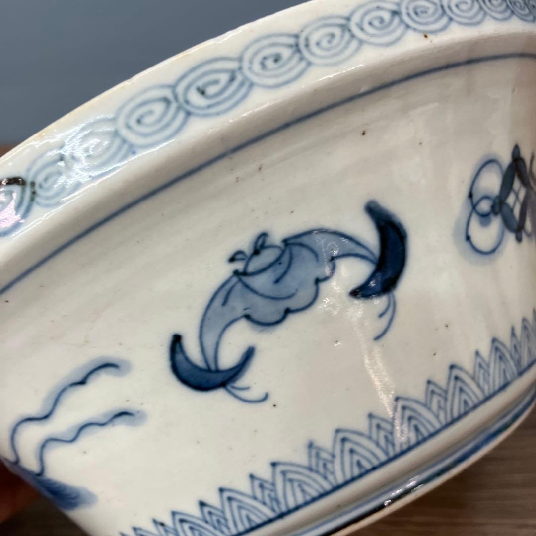 D-4 アンティーク 蓋付き 染付 錦手 鳳凰文様 鉢 時代物 骨董 古美術 丼