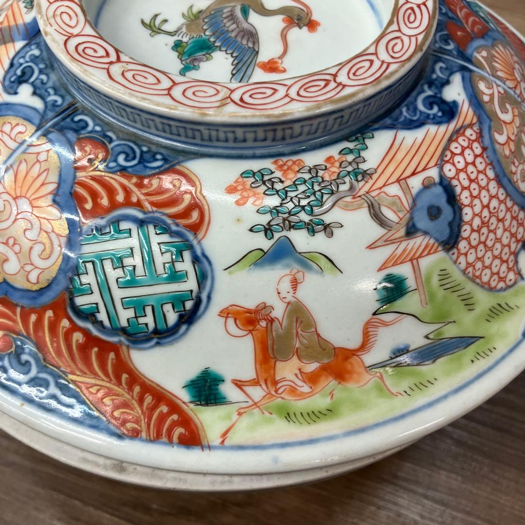 D-4 アンティーク 蓋付き 染付 錦手 鳳凰文様 鉢 時代物 骨董 古美術 丼