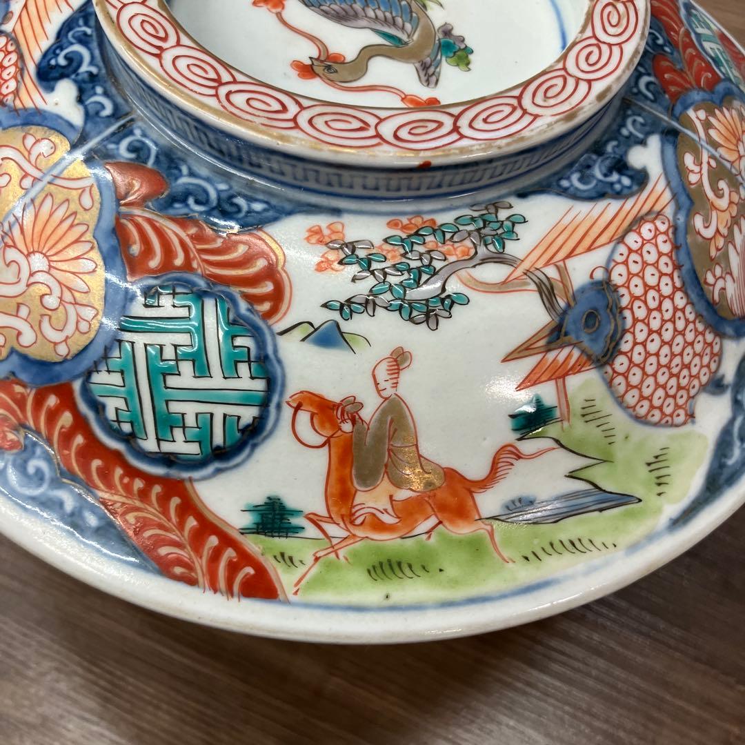 D-4 アンティーク 蓋付き 染付 錦手 鳳凰文様 鉢 時代物 骨董 古美術 丼