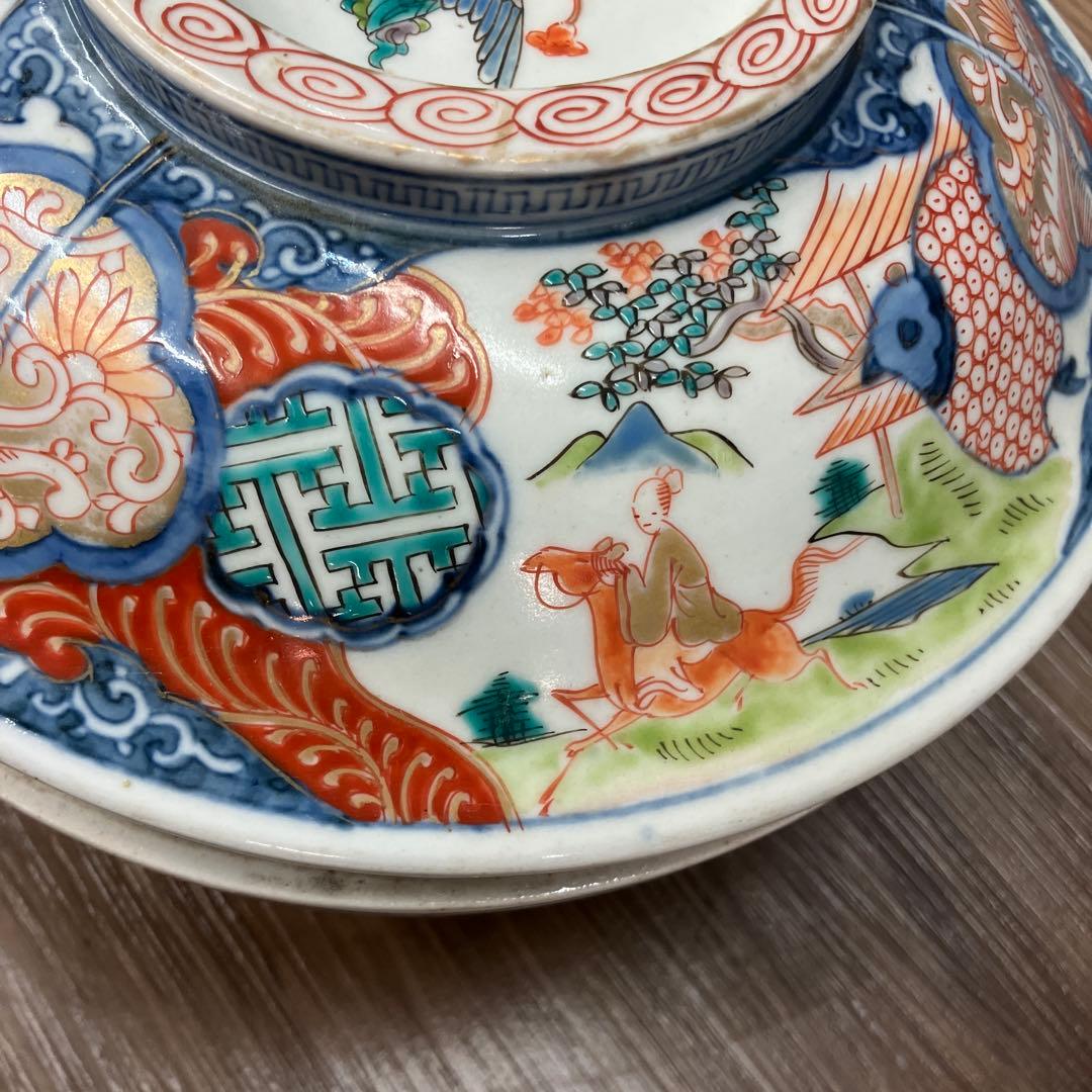 D-4 アンティーク 蓋付き 染付 錦手 鳳凰文様 鉢 時代物 骨董 古美術 丼