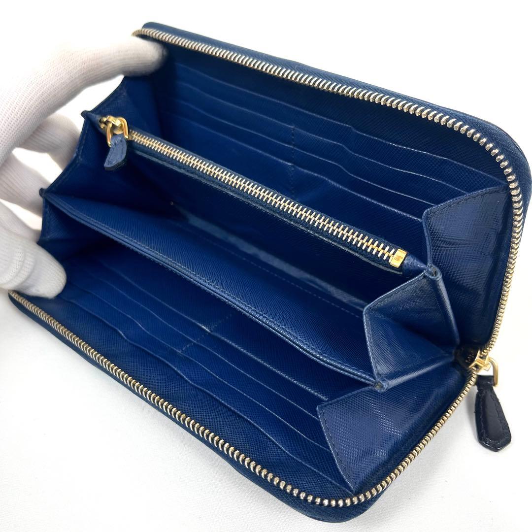 プラダ　長財布　ロゴプレート　サフィアーノ　ラウンドファスナー　バイカラー　美品