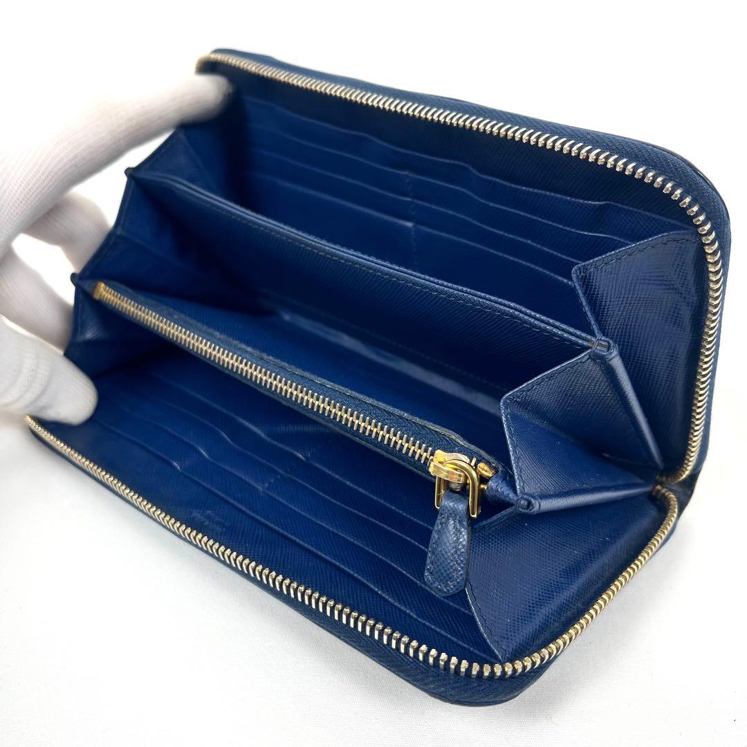 プラダ　長財布　ロゴプレート　サフィアーノ　ラウンドファスナー　バイカラー　美品