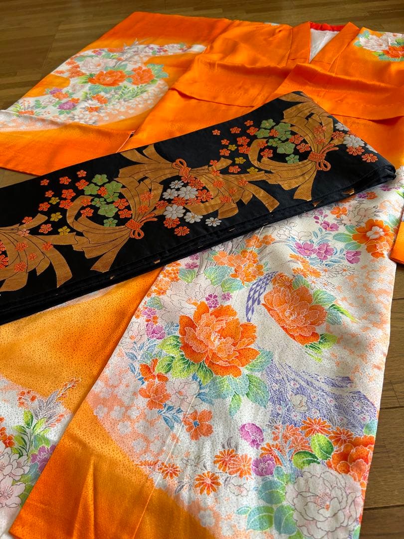 七五三　７歳　着物帯セット　朱色系　レトロ