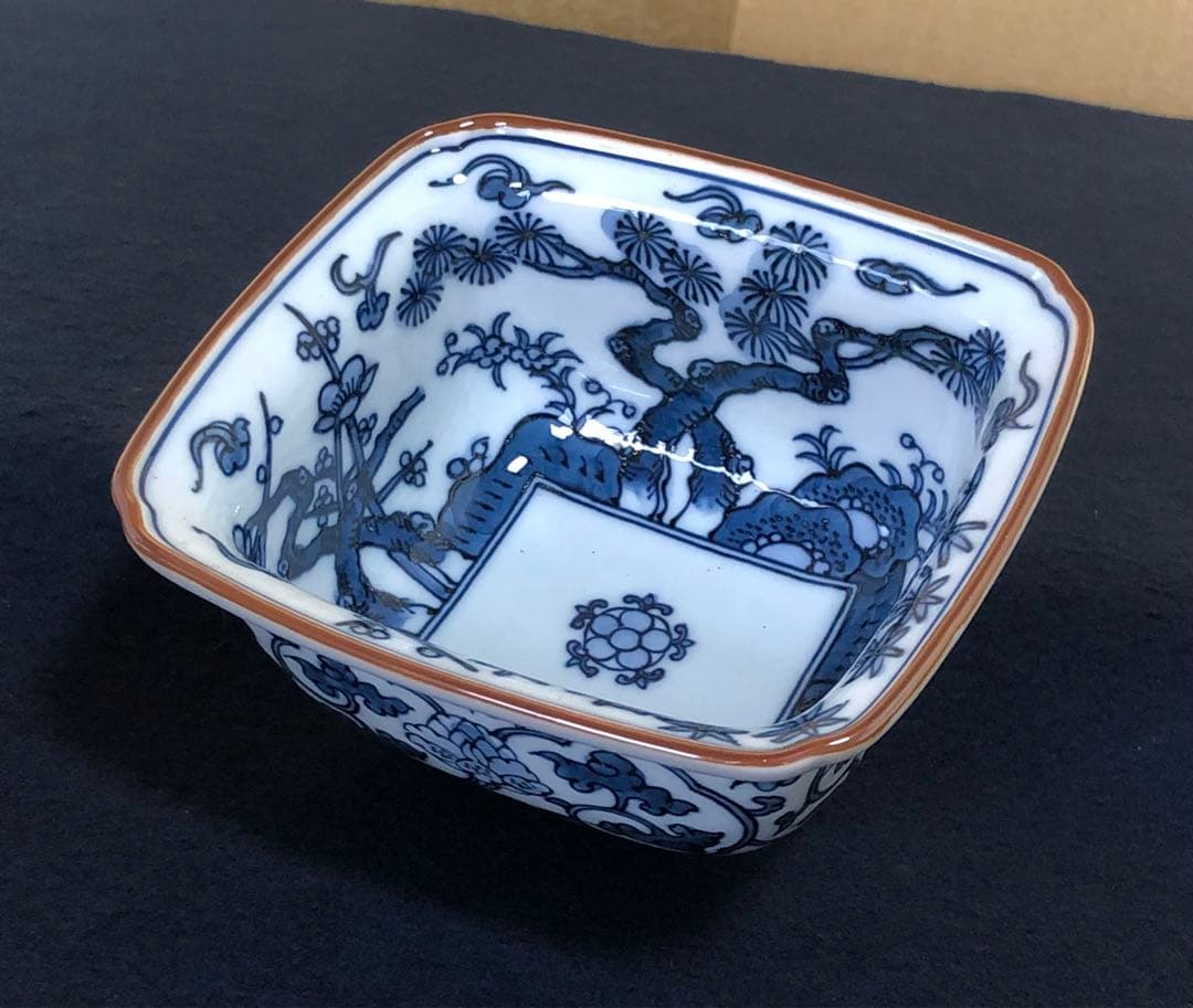 《レ》有田焼 源右衛門作 染付松竹梅 角小鉢5客 共箱 251201お2